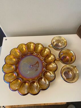 Iridescent Amber Carnival Glass Egg Plate and Cups Set
